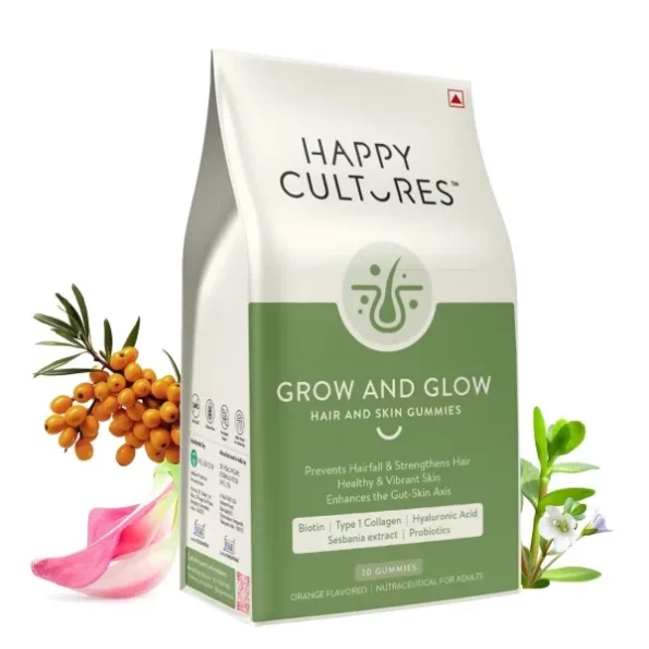 Happy Cultures Grow and Glow Gummies for Hair Growth, Skin Glow, Strong Nails Contains Biotin, Probiotics, Hyaluronic acid, Collagen, No Added Sugar - Orange Flavor, 30 Gummies (Pack of 1), Herbkart8t771nh96Hr4wL.webp, Herbkart8t771nh96Hr4wL