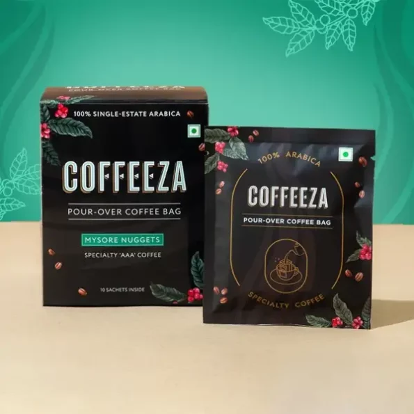 COFFEEZA Mysore Nuggets, Single-Serve, Easy Pour-Over Coffee Drip Bags, Pack Of 10 Sachets (10 Servings) available on Herbkart