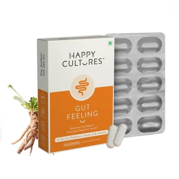 Happy Cultures Gut Feeling Digestion Supplement Unique Blend Of Probiotics - 30 Veg Capsules available on Herbkart