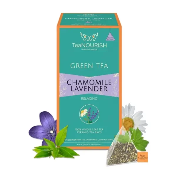 TeaNOURISH Chamomile Lavender Green Tea 20 Count Pyramid Tea Bags available on Herbkart