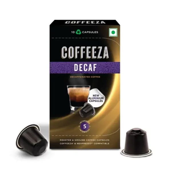 Coffeeza Decaf Coffee Capsules, A-Grade Beans from Chikmagalur, Intensity 5 (10 Capsules) available on Herbkart