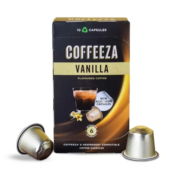 COFFEEZA Vanilla Flavoured Coffee Capsules, Intensity - 6, Aluminium Coffee Pods (10 Capsules) available on Herbkart