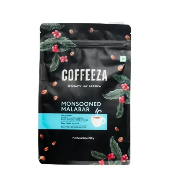 COFFEEZA Monsooned Malabar Ground Coffee Packet, Coarse Grind (French Press) - 250Gm available on Herbkart