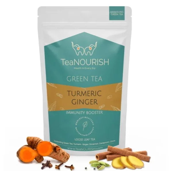 TeaNOURISH Turmeric Ginger Green Tea Brew Hot or Iced Tea - 100 g available on Herbkart