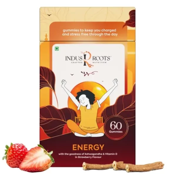 Indus Roots Ashwagandha and Vitamin D Energy Gummies, Vegan - 60 Gummies available on Herbkart