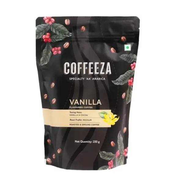 COFFEEZA Vanilla Flavoured Ground Coffee Powder Bag, Medium Grind - 250Gm available on Herbkart