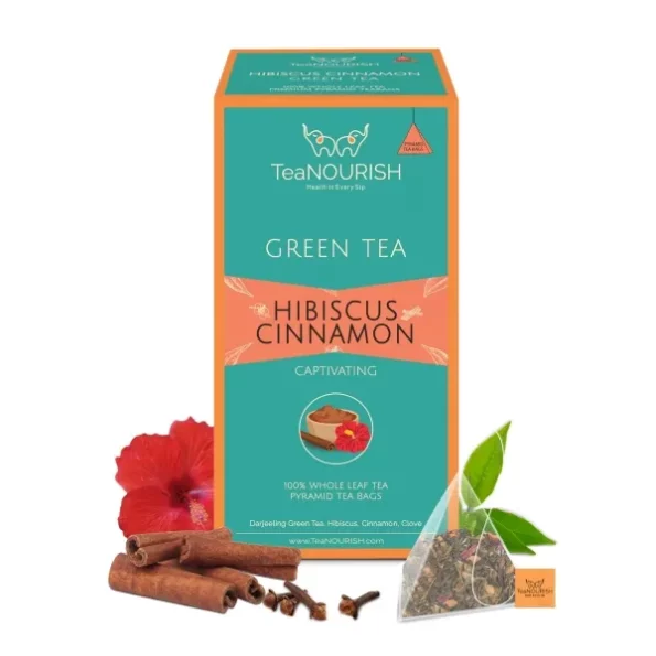 TeaNOURISH Hibiscus Cinnamon Green Tea 20 Count Pyramid Tea Bags available on Herbkart