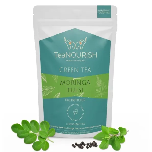 TeaNOURISH Moringa Tulsi Green Tea Immune Support Tea - 100 g available on Herbkart