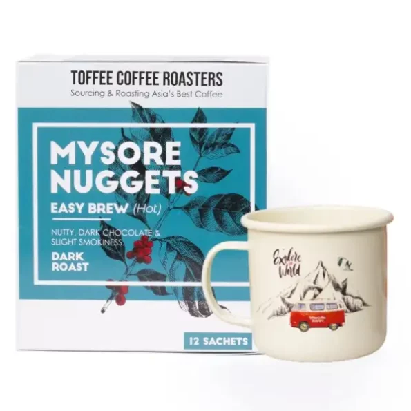 Toffee Coffee Roasters Easy Brew (Hot Brew) Coffee, Mysore Nuggets, Free Enamel Mug, Pack of 12 Bags, Easy to Brew Pour Over Dark Roast available on Herbkart