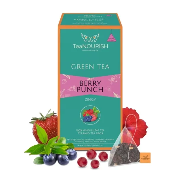 TeaNOURISH Berry Punch Green Tea 20 Count Pyramid Tea Bags available on Herbkart