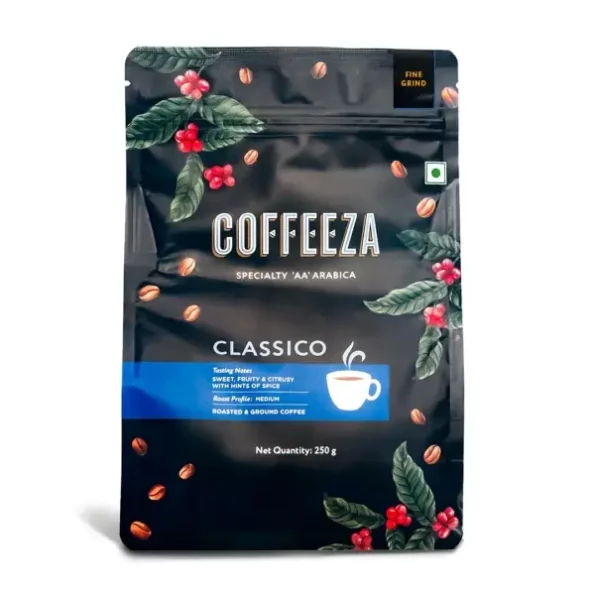 COFFEEZA Classico Coffee, Fine Grind (Espresso & Moka Pots) - 250Gm available on Herbkart