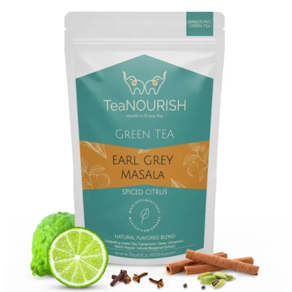 TeaNOURISH Earl Grey Masala Green Tea - 100 g available on Herbkart