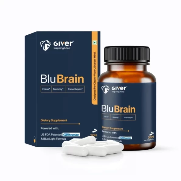 Giver Nutrition BluBrain - Patented 989% Suntheanine, L-theanine Brain Booster & Eye Health Supplement 30 Veg Capsules available on Herbkart