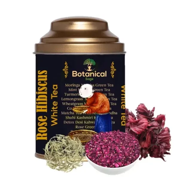 Botanical Sage Rose Hibiscus White Tea 100g available on Herbkart