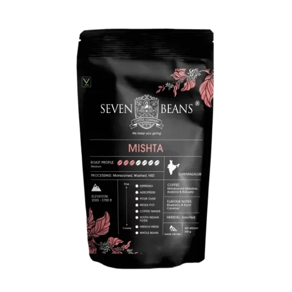 Seven Beans Coffee Company Mishta, Medium Roast, Single Origin, Monsooned Malabar Blend - 250 g (Coffee Maker Grind) available on Herbkart