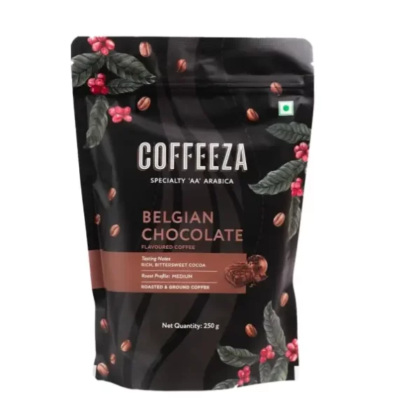 COFFEEZA Belgian Chocolate Flavoured Ground Coffee Powder, Fine Grind (Espresso & Moka Pots) - 250gm available on Herbkart