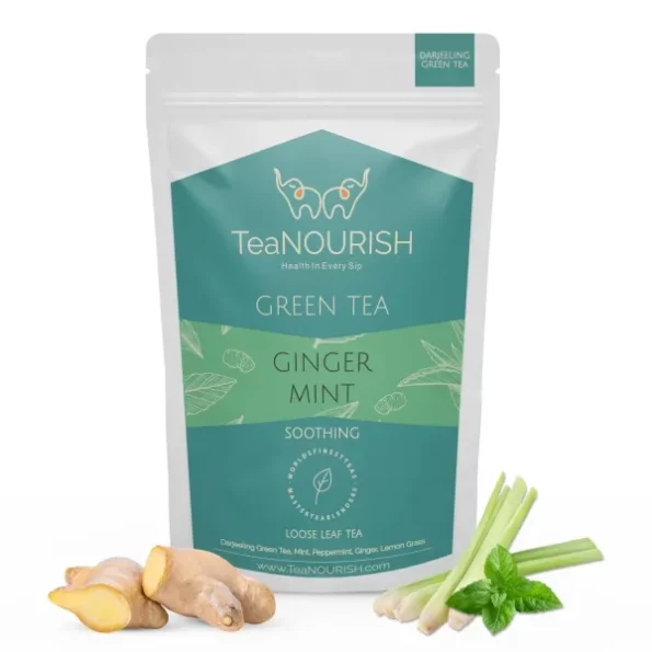 TeaNOURISH Ginger Mint Green Tea 50 Cups Hot Tea or Iced Tea - 100 g available on Herbkart