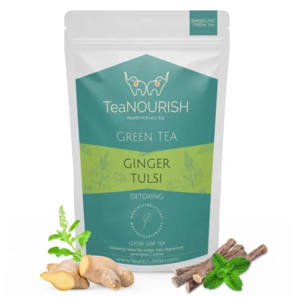 TeaNOURISH Ginger Tulsi Green Tea - 100 g available on Herbkart