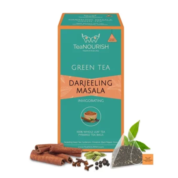 TeaNOURISH Darjeeling Masala Green Tea 20 Count Pyramid Tea Bags available on Herbkart