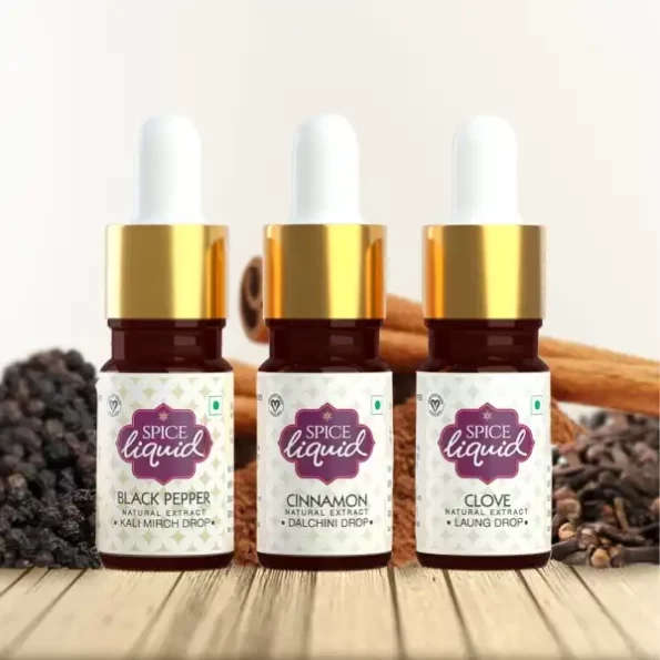 SPICE LIQUID Biryani Super Trio with Black Pepper (Kali Mirch) Drop, Cinnamon (Dalchini) Drop & Clove (Laung) Drop, 15ml (3 x 5ml Each) available on Herbkart