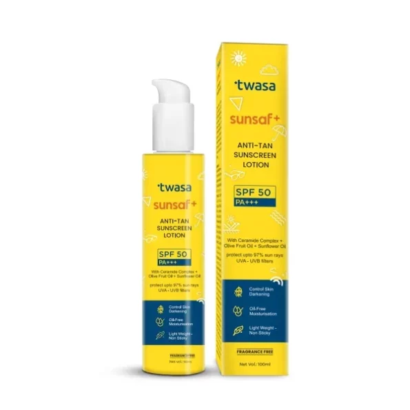 Twasa Sunsaf+ Sunscreen SPF 50 PA+++ Anti-Tan Sunscreen Lotion With Ceramide Complex, 100ml, Herbkart8t771j940P-JhL.webp, Herbkart8t771j940P JhL