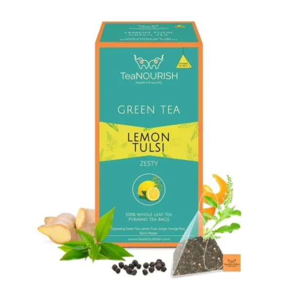 TeaNOURISH Lemon Tulsi Green Tea 20 Count Pyramid Tea Bags available on Herbkart