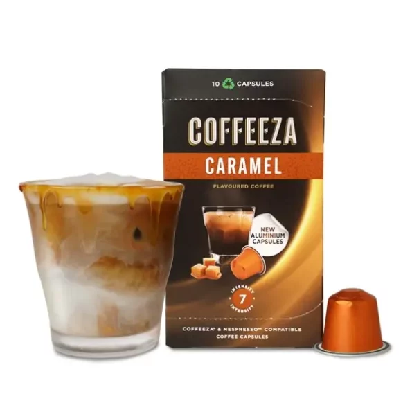 Coffeeza Caramel Flavoured Coffee Capsules, Intensity -7 Aluminium Coffee Pods (10 Capsules) available on Herbkart