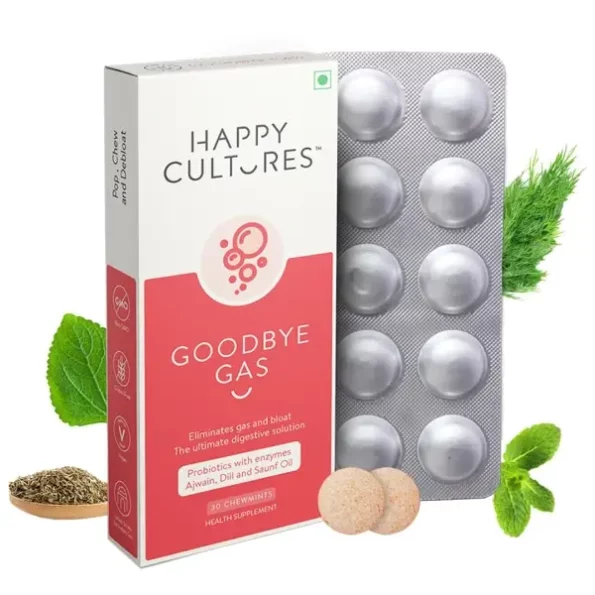 VELBIOM Happy Cultures Goodbye Gas, All Types of Gas Relief, Unique Blend of Probiotics 125 Million CFU, Ajwain Oil, Saunf Oil, Digestive Enzymes, Alleviates Gas, Bloating & Indigestion -30 Chewables, Herbkart8t761xZ665vX8L.webp,