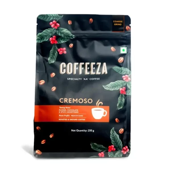 Coffeeza Cremoso Ground Coffee, Coarse Grind (French Press), - 250gm available on Herbkart