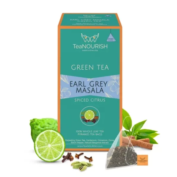 TeaNOURISH Earl Grey Masala Green Tea 20 Count Pyramid Tea Bags available on Herbkart