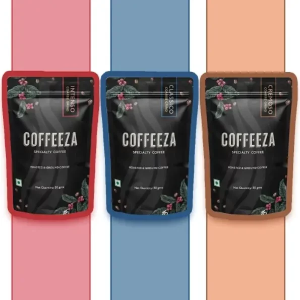 Coffeeza Ground Coffee Coarse Grind Sampler Pack, Classic Blends Trio, 50gmx3 - Intenso, Classico and Cremoso available on Herbkart