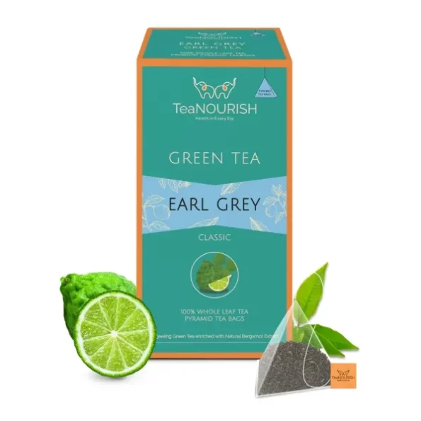 TeaNOURISH Earl Grey Green Tea 20 Count Pyramid Tea Bags available on Herbkart