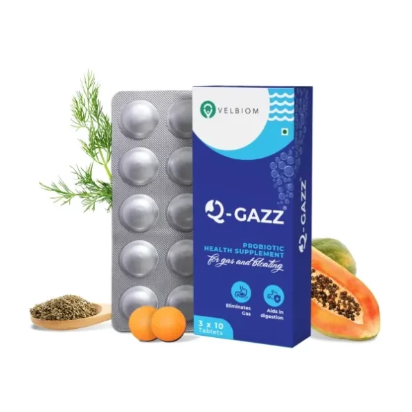 Velbiom Q-gazz Helps in Gas, Bloating and Indigestion - 30 Tablets available on Herbkart