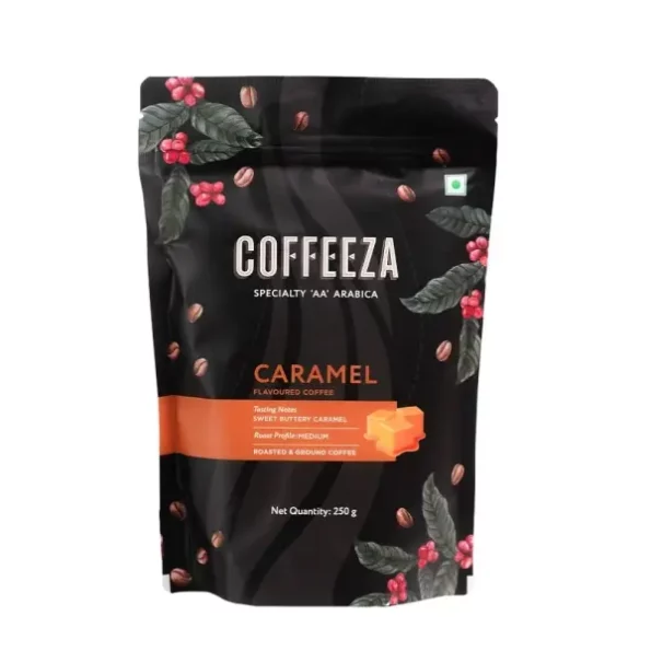 COFFEEZA Caramel Flavoured Ground Coffee Powder, Fine Grind (Espresso & Moka Pots) - 250Gm available on Herbkart