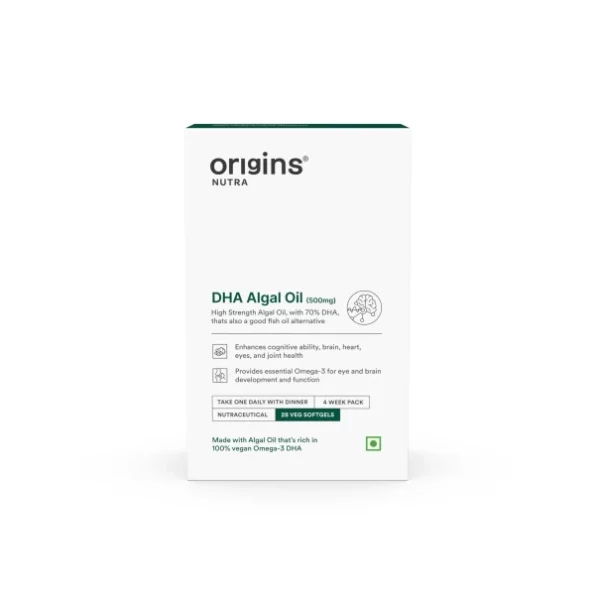 Origins Nutra DHA Algal Oil |Plant-Based High Strength 70% Omega 3 DHA, 28 Softgels available on Herbkart