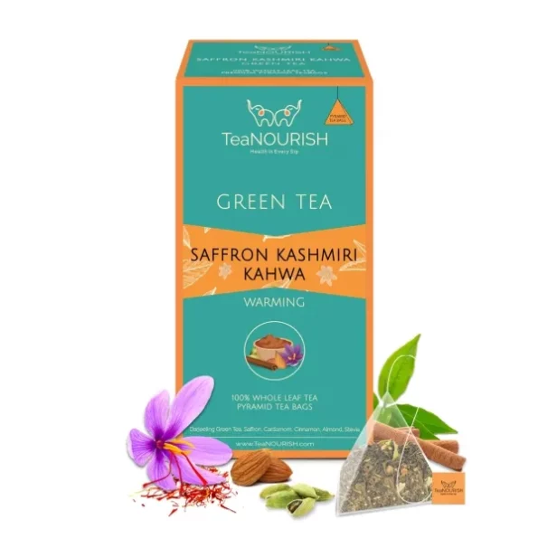 TeaNOURISH Saffron Kashmiri Kahwa 20 Count Pyramid Tea Bags available on Herbkart