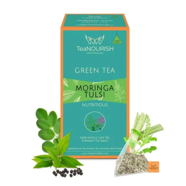 TeaNOURISH Moringa Tulsi Green Tea 20 Count Pyramid Tea Bags available on Herbkart