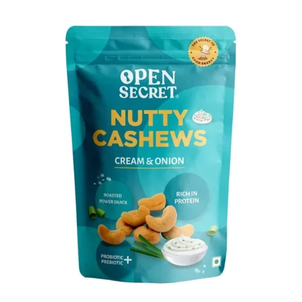 Open Secret 100% Natural Premium Cream and Onion Salted Cashews 135 g available on Herbkart