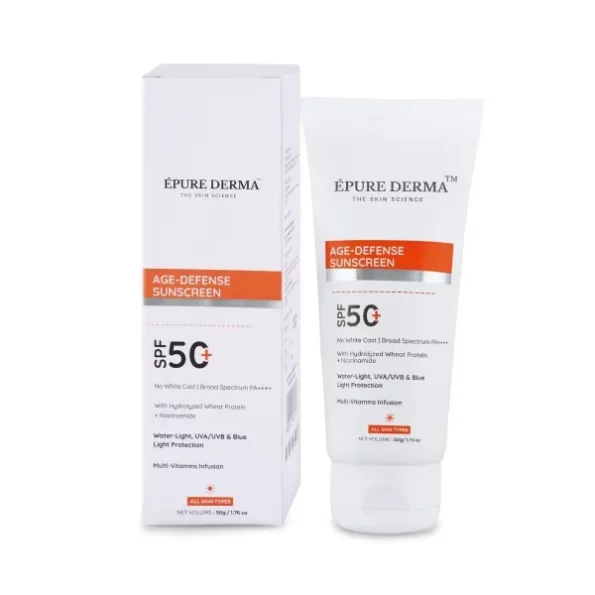 EPURE DERMA Age-Defense Sunscreen SPF 50+, 50g available on Herbkart