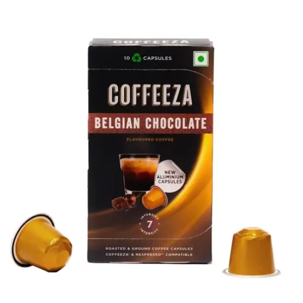 Coffeeza Belgian Chocolate Flavoured Aluminium Coffee Capsules, Intensity -7 (10 Capsules) available on Herbkart