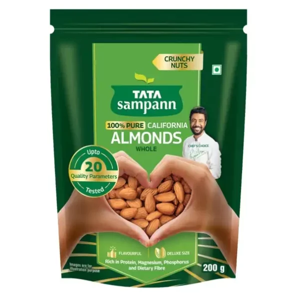Tata Sampann Pure California Almonds/Badam Whole, 200g, Real Nuts, High in Fiber, Badam Giri, Rich in Protein, Magnesium, Phosphorus and Dietary Fibre, Nuts & Dry Fruits, Value Pack, Herbkart8t761oQaobjh1L.webp, Herbkart8t761oQaobjh1L