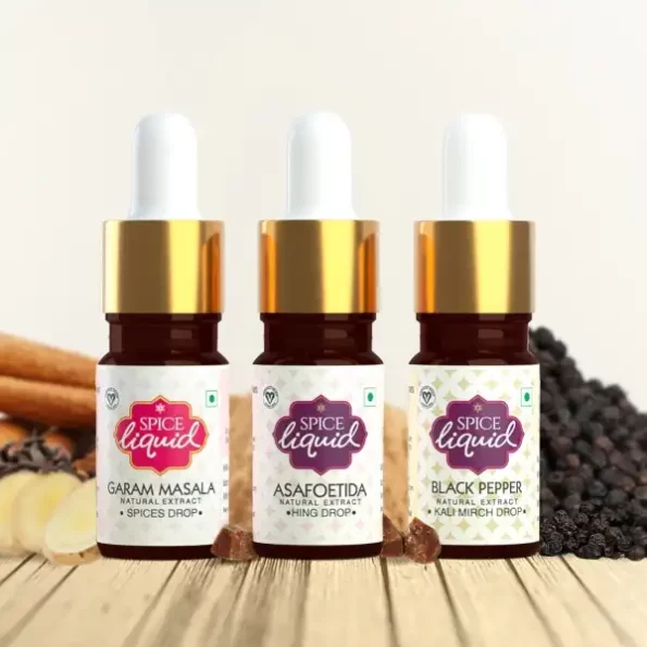 SPICE LIQUID Kitchen Essentials with Garam Masala Drop, Black Pepper (Kali Mirch) Drop and Hing (Asafoetida) Drop, Without Onion & Garlic, Essential Oil of Spices, 15ml (3 x 5ml Each) available on Herbkart