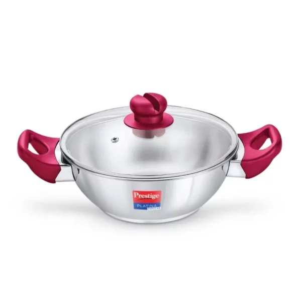 Prestige Platina Popular Stainless Steel Gas and Induction Compatible Kadai with Glass Lid, 260 mm available on Herbkart