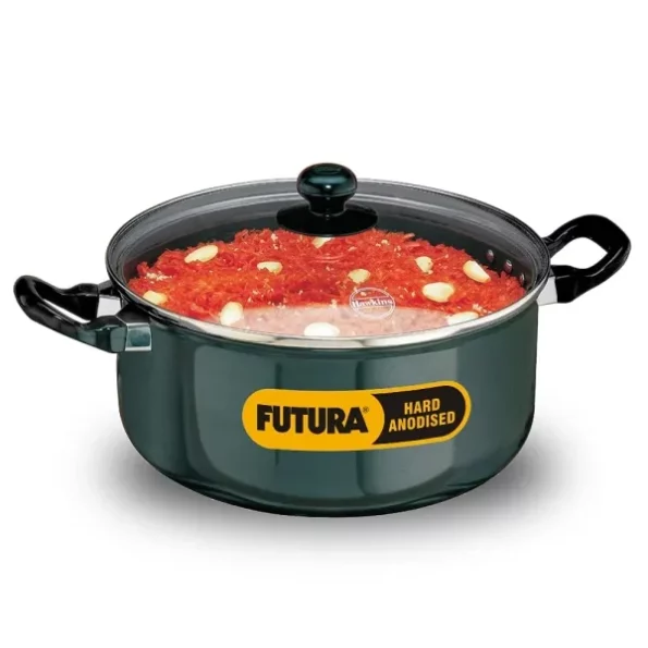 Hawkins Futura 5 Litre Cook n Serve Stewpot, Hard Anodised Sauce Pan with Glass Lid available on Herbkart