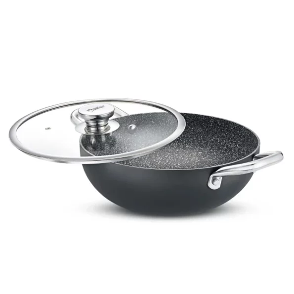 Prestige 3L Durastone hard anodised non-stick deep kadai (24cm)with glass lid available on Herbkart