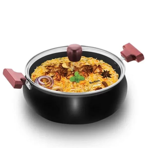 Hawkins Futura 5 Litre Cook n Serve Handi, Hard Anodised Biryani Handi with Glass Lid available on Herbkart