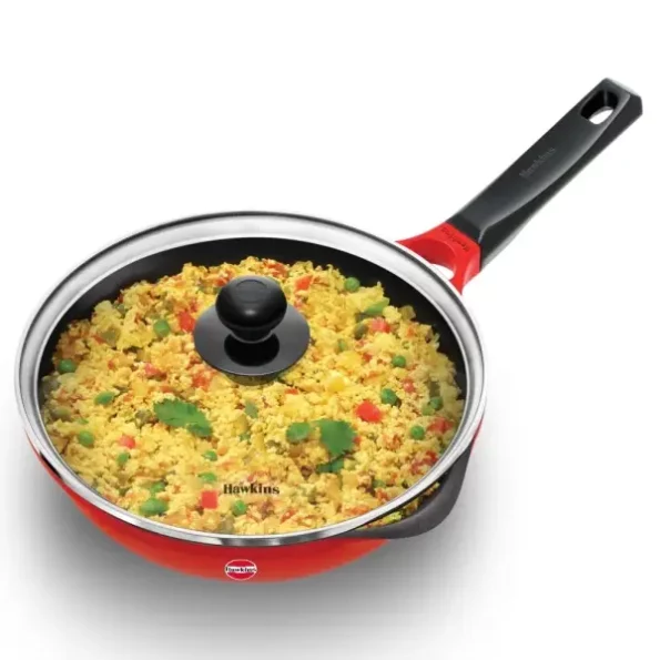 Hawkins 24 cm Frying Pan, Die Cast Non Stick Fry Pan with Glass Lid, Red available on Herbkart