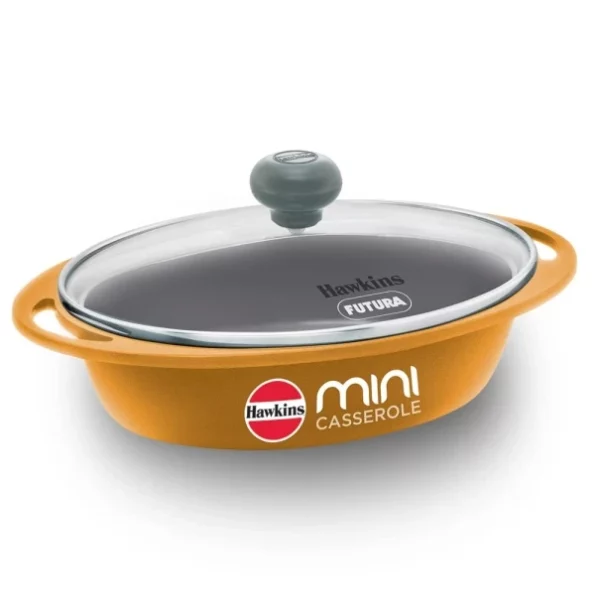 Hawkins 0.75 Litre Mini Casserole with Glass Lid, Oval Shaped Die-Cast pan for Cooking, Yellow available on Herbkart