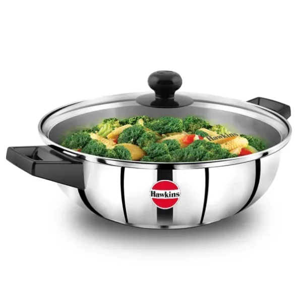 Hawkins 3 Litre Cook n Serve Frying Pan, Stainless Steel Fry Pan with Glass Lid available on Herbkart