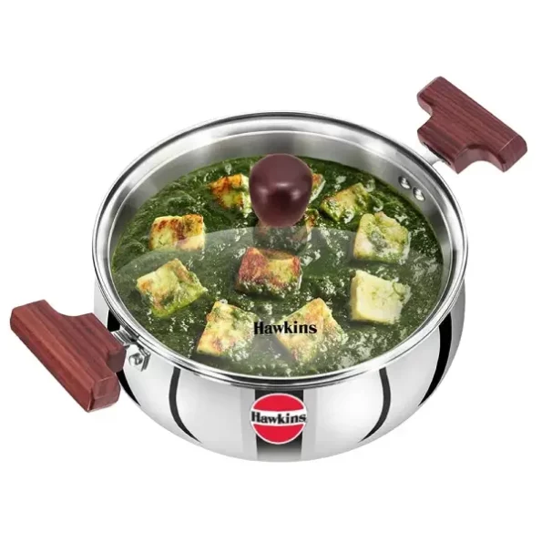 Hawkins 2 Litre Cook n Serve Handi, Triply Stainless Steel Handi with Glass Lid available on Herbkart